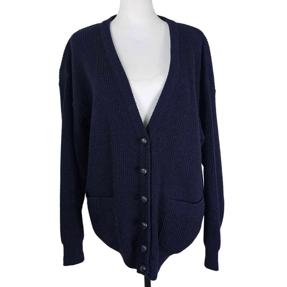 Alain Manoukian Wool Blend Cardigan Sweater L Navy Preppy Academia Dad‎ Heritage